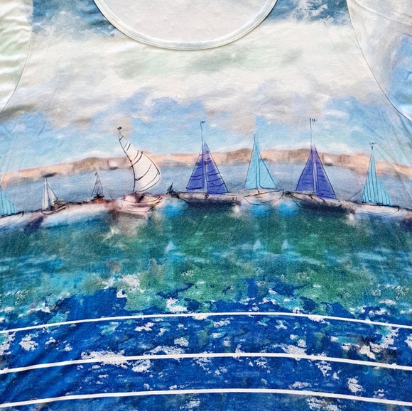 SOLD Karen Kane abstract art to wear boats on ocean stretchy blouse top size 1X - Picture 12 of 15